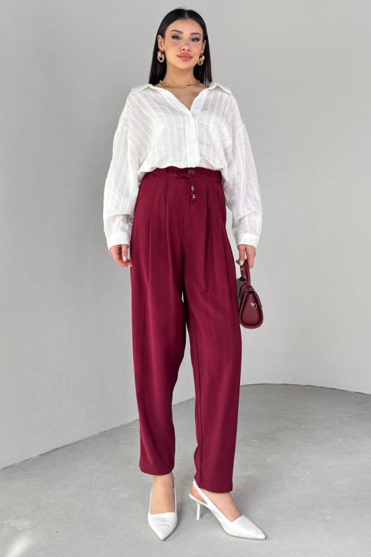PNT-07416 Bordo Bel Bağlamalı Pensli Havuç Pantolon - 4