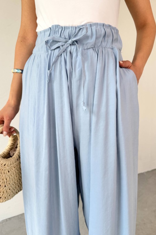PNT-07418 Bebe Mavi Bel Lastikli Bağlamalı Salaş Pantolon - 2