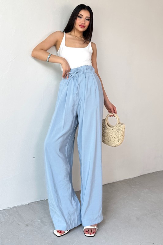 PNT-07418 Bebe Mavi Bel Lastikli Bağlamalı Salaş Pantolon - 3