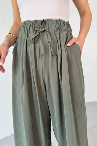 PNT-07418 Haki Bel Lastikli Bağlamalı Salaş Pantolon - 2