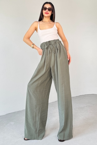 PNT-07418 Haki Bel Lastikli Bağlamalı Salaş Pantolon - 4