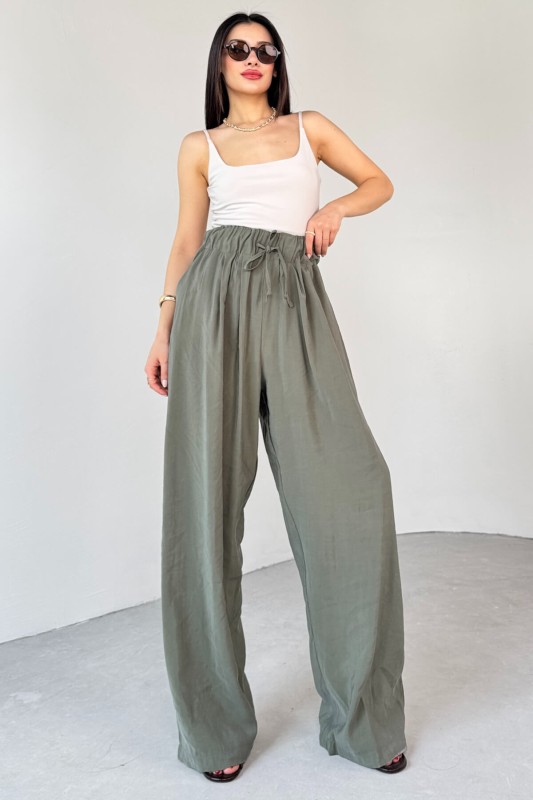 PNT-07418 Haki Bel Lastikli Bağlamalı Salaş Pantolon - 3