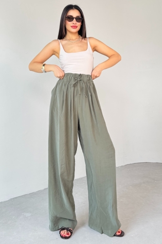 PNT-07418 Haki Bel Lastikli Bağlamalı Salaş Pantolon - 5