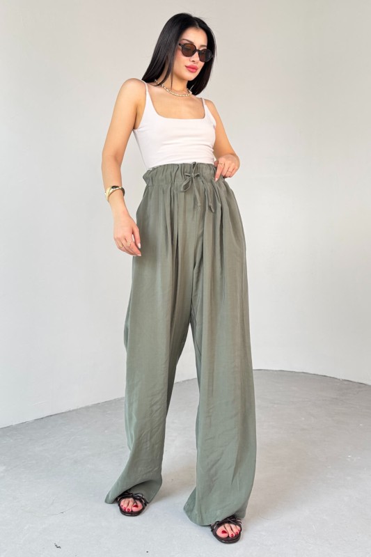 PNT-07418 Haki Bel Lastikli Bağlamalı Salaş Pantolon - 1