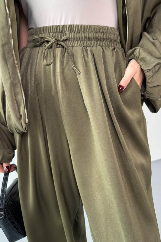 PNT-07420 Haki Saten Relax Fit Bel Lastikli Şalvar Pantolon - 2