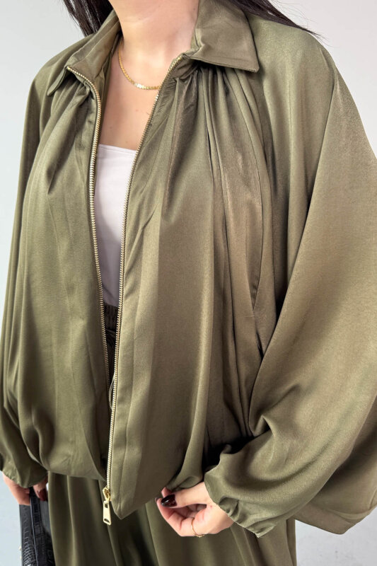 PNT-07420 Haki Saten Relax Fit Bel Lastikli Şalvar Pantolon - 7