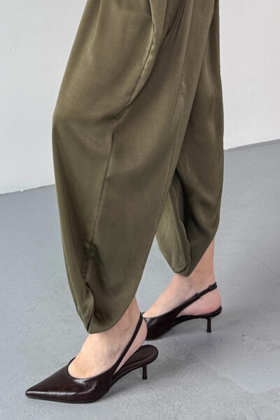 PNT-07420 Haki Saten Relax Fit Bel Lastikli Şalvar Pantolon - Cappmoda (1)