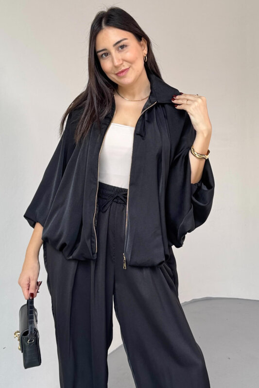 PNT-07420 Siyah Saten Relax Fit Bel Lastikli Şalvar Pantolon - 3