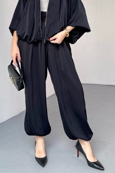 PNT-07420 Siyah Saten Relax Fit Bel Lastikli Şalvar Pantolon - Cappmoda