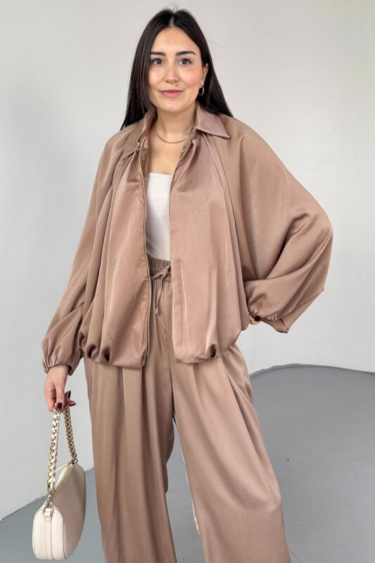 PNT-07420 Vizon Saten Relax Fit Bel Lastikli Şalvar Pantolon - 4