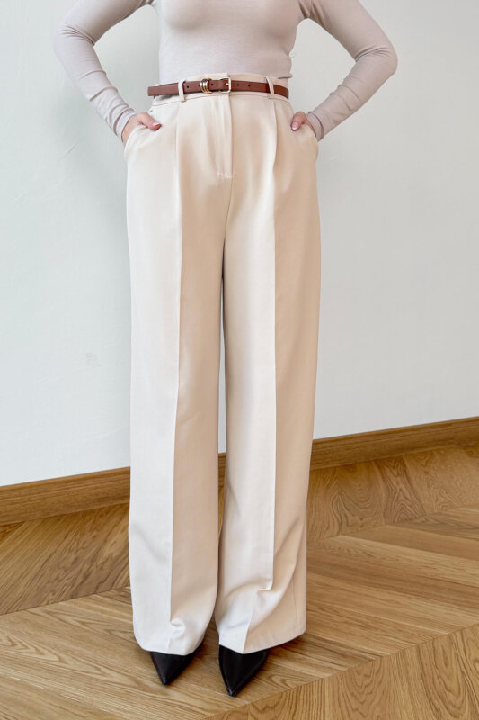 PNT-07422 Bej Poliviskon Premium Flow Palazzo Pantolon - 1