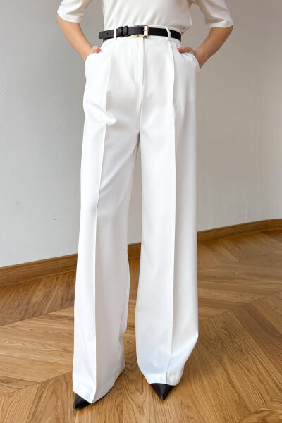 PNT-07422 Beyaz Poliviskon Premium Flow Palazzo Pantolon - Cappmoda