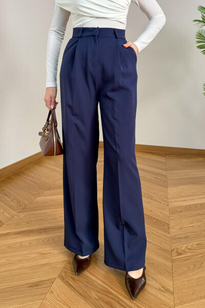 PNT-07422 Lacivert Poliviskon Premium Flow Palazzo Pantolon - Cappmoda