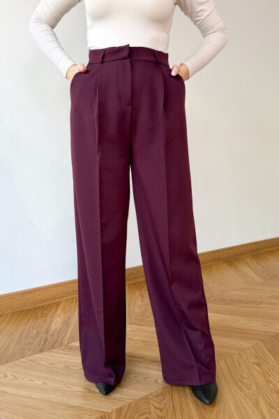 PNT-07422 Mürdüm Poliviskon Premium Flow Palazzo Pantolon - 4