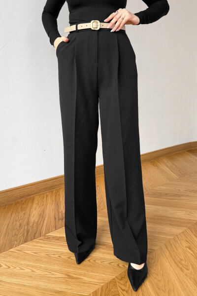 PNT-07422 Siyah Poliviskon Premium Flow Palazzo Pantolon - Cappmoda