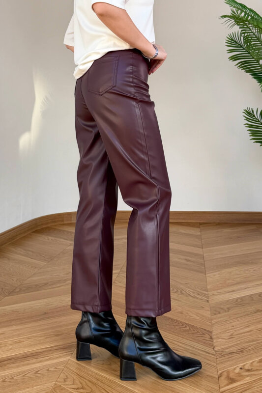 PNT-07423 Mürdüm MNG Muadil Polar Soft Deri Fit Pantolon - 2