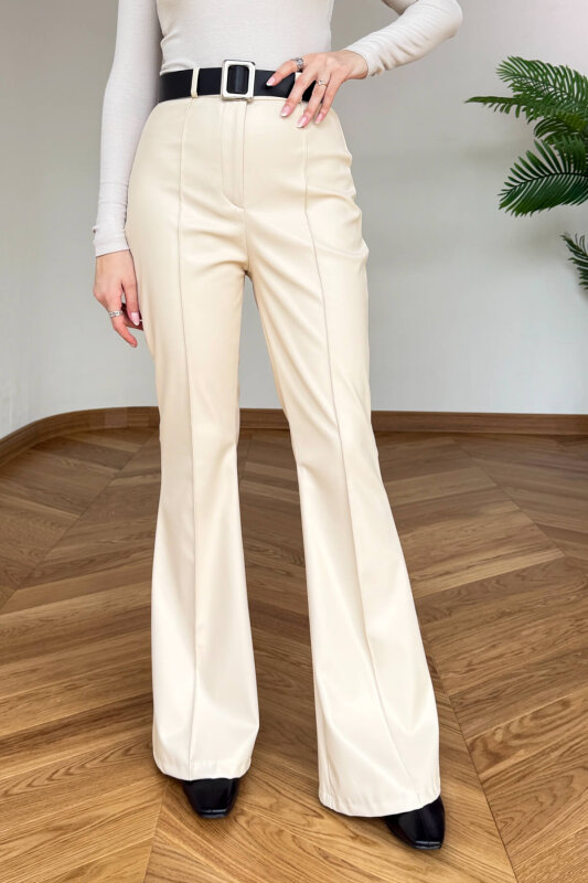 PNT-07424 Bej İçi Polarlı Kendinden Kemerli Suni Deri İspanyol Paça Pantolon - 3