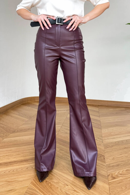 PNT-07424 Bordo İçi Polarlı Kendinden Kemerli Suni Deri İspanyol Paça Pantolon - 1