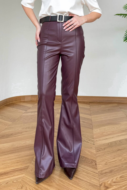 PNT-07424 Bordo İçi Polarlı Kendinden Kemerli Suni Deri İspanyol Paça Pantolon - 5
