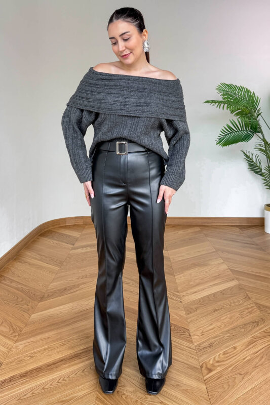 PNT-07424 Siyah İçi Polarlı Kendinden Kemerli Suni Deri İspanyol Paça Pantolon - 2