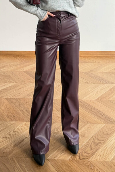 PNT-07425 Bordo İçi Polarlı Suni Deri Palazzo Pantolon - Cappmoda