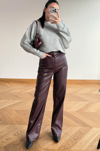 PNT-07425 Bordo İçi Polarlı Suni Deri Palazzo Pantolon - Cappmoda (1)