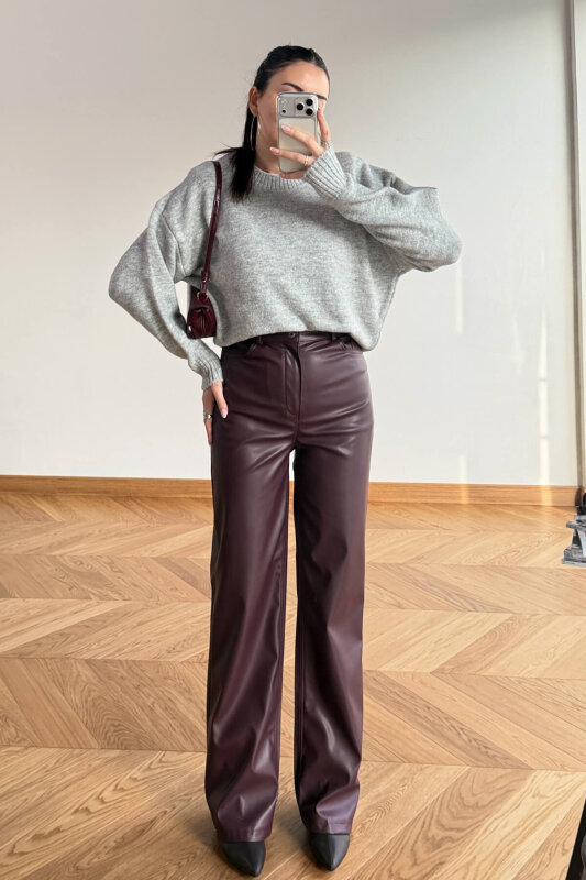 PNT-07425 Bordo İçi Polarlı Suni Deri Palazzo Pantolon - 3