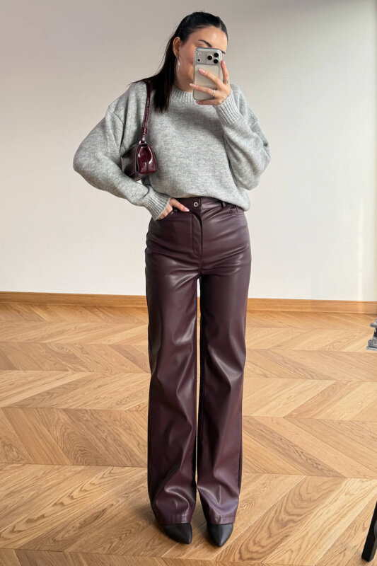 PNT-07425 Bordo İçi Polarlı Suni Deri Palazzo Pantolon - 4