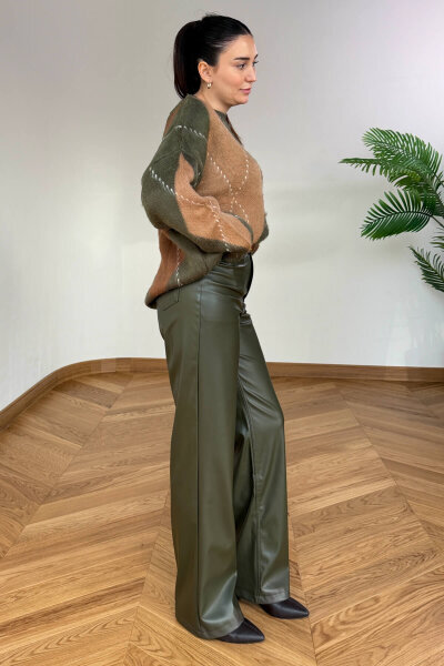 PNT-07425 Haki İçi Polarlı Suni Deri Palazzo Pantolon - Cappmoda (1)