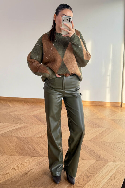 PNT-07425 Haki İçi Polarlı Suni Deri Palazzo Pantolon - 5