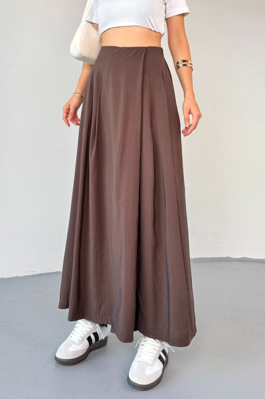 PNT-51204 Kahverengi Dokuma Kumaş Etek Görünümlü Pantolon - 3