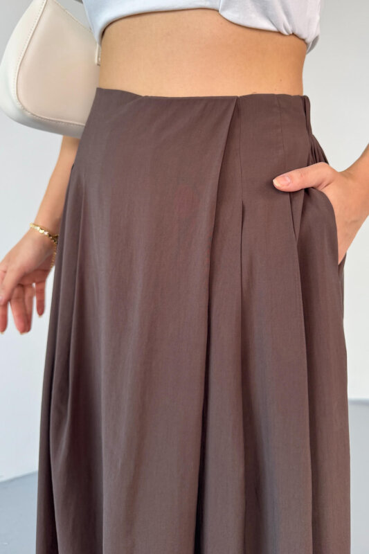 PNT-51204 Kahverengi Dokuma Kumaş Etek Görünümlü Pantolon - 4