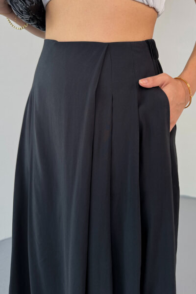 PNT-51204 Siyah Dokuma Kumaş Etek Görünümlü Pantolon - 4