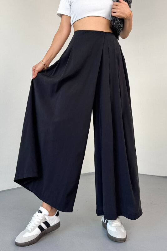 PNT-51204 Siyah Dokuma Kumaş Etek Görünümlü Pantolon - 2