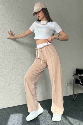 PNT-7382 Krem Çimalı Bel Lastikli Krep Kumaş Pantolon 