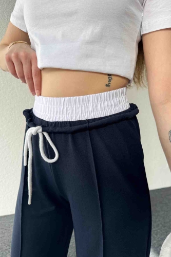 PNT-7382 Lacivert Çimalı Bel Lastikli Krep Kumaş Pantolon - 2