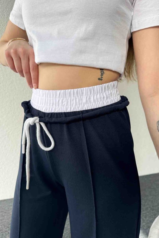 PNT-7382 Lacivert Çimalı Bel Lastikli Krep Kumaş Pantolon - 2