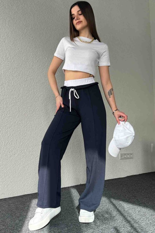 PNT-7382 Lacivert Çimalı Bel Lastikli Krep Kumaş Pantolon - 4