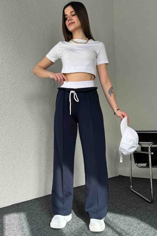 PNT-7382 Lacivert Çimalı Bel Lastikli Krep Kumaş Pantolon - 1