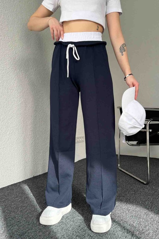 PNT-7382 Lacivert Çimalı Bel Lastikli Krep Kumaş Pantolon - 5
