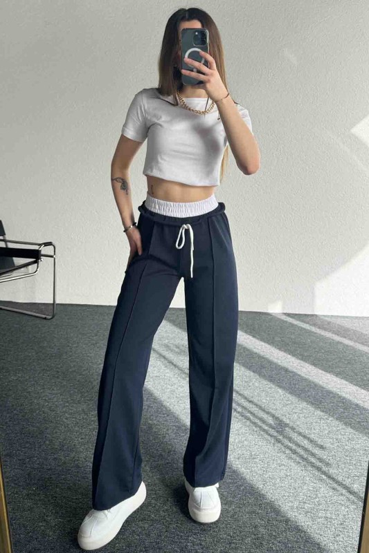 PNT-7382 Lacivert Çimalı Bel Lastikli Krep Kumaş Pantolon - 6
