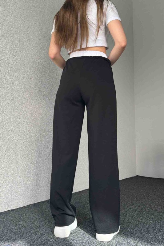 PNT-7382 Siyah Çimalı Bel Lastikli Krep Kumaş Pantolon - 6