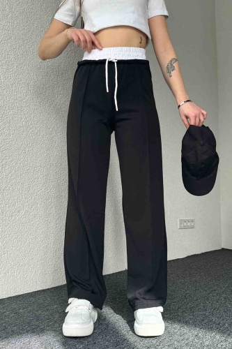 PNT-7382 Siyah Çimalı Bel Lastikli Krep Kumaş Pantolon - 5