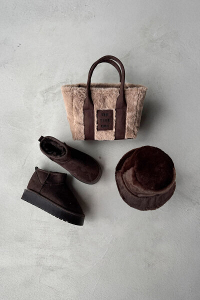 SET2027 Acı Kahve Orta Boy Bot-Çanta-Şapka Peluş Üçlü Set 