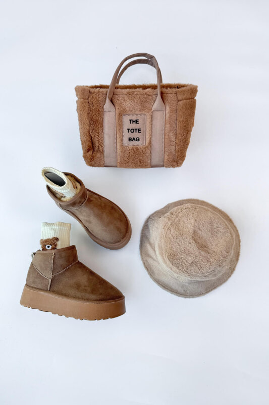 SET2027 Vizon Orta Boy Bot-Çanta-Şapka Peluş Üçlü Set - 1