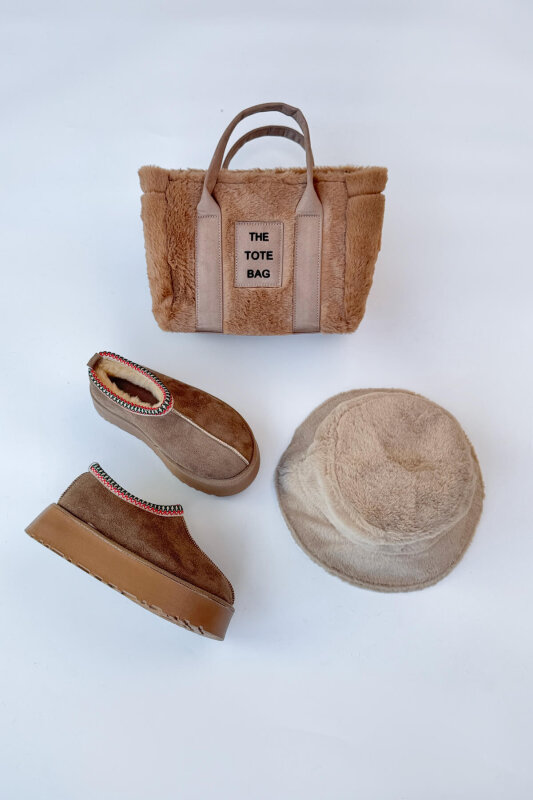 SET2028 Vizon Bilek Boy Bot-Çanta-Şapka Peluş Üçlü Set - 1