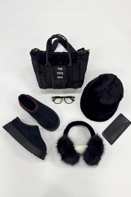 SET2029 Siyah Bilek Boy Bot Çanta Gözlük Şapka Kulaklık Peluş Beşli Set - 1