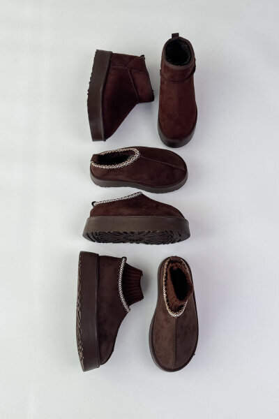 SET2031 Acı Kahve Örgü Detaylı - Bilek Boy - Orta Boy Üçlü Bot Seti - Ücretsiz Kargo - Cappmoda