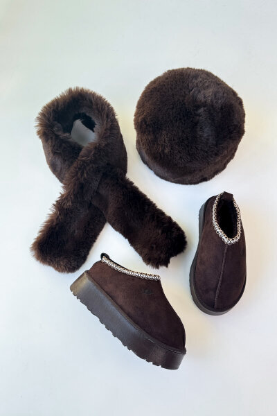 SET2032 Acı Kahve Bilek Boy Bot - Kürklü Şapka - Şal Üçlü Set - Cappmoda