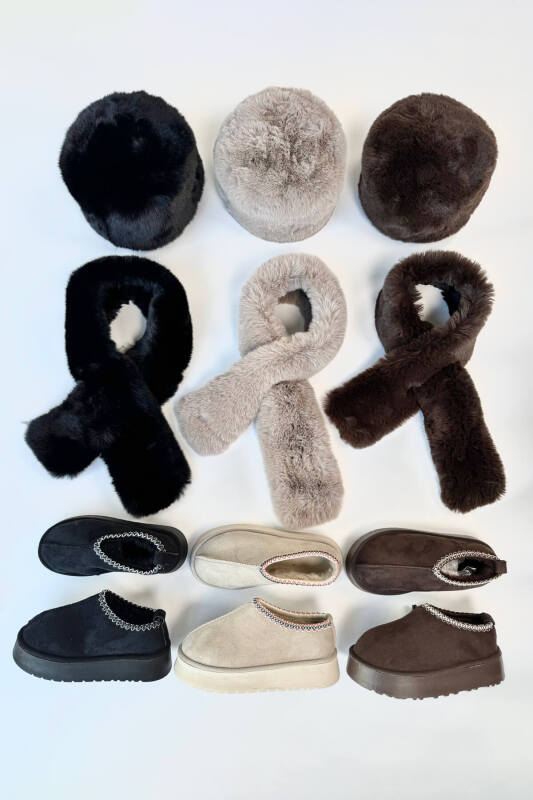 SET2032 Siyah Bilek Boy Bot - Kürklü Şapka - Şal Üçlü Set - 4